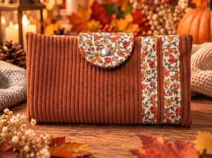Portefeuille compagnon « Brume d'Automne » en velours côtelé & tissu fleuri | Fait main