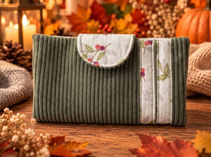Portefeuille compagnon pièce unique « Sous le Houx » vert kaki & velours | Fait main
