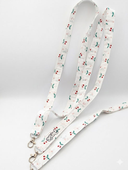 Tour de cou porte-clés tissu cerises — lanyard fait main