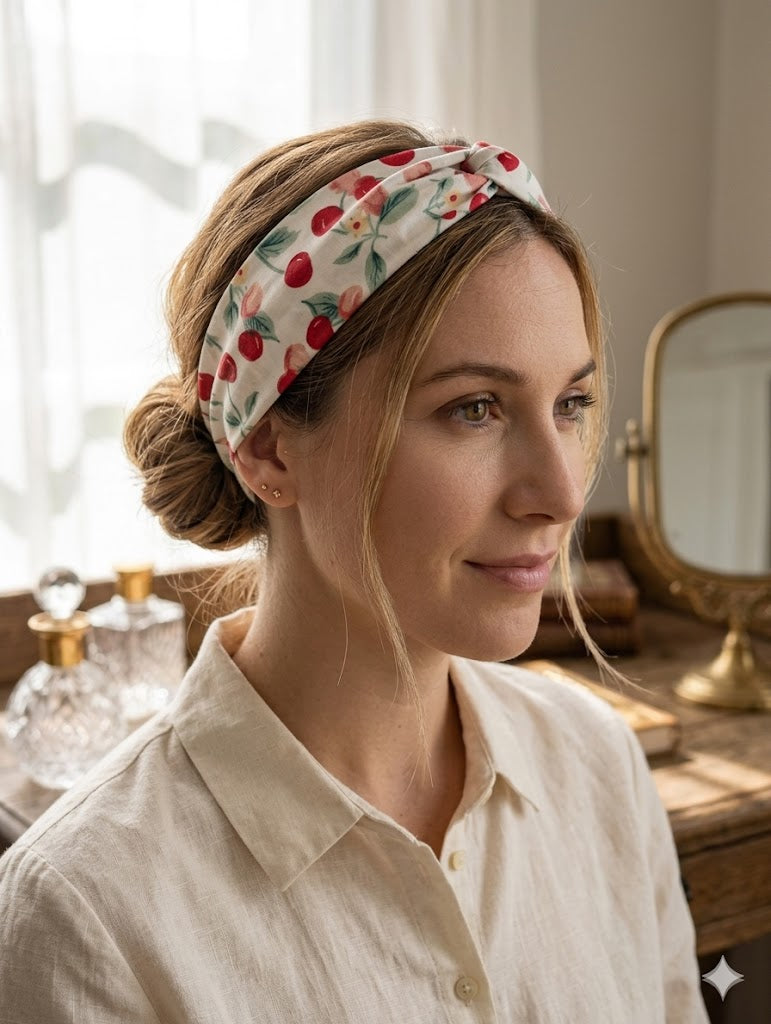 Headband en tissus - Motif Cerises Gourmandes