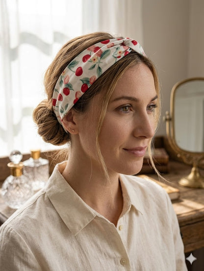 Headband en tissus - Motif Cerises Gourmandes