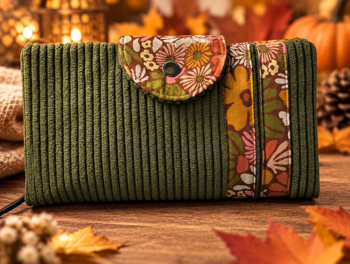 Portefeuille compagnon « Gipsy » en velours vert kaki & fleurs rétro | Fait main