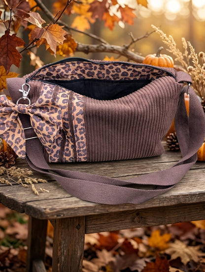 Sac bandoulière « Velouté » Collection Féline Dorée en velours marron & léopard | Fait main