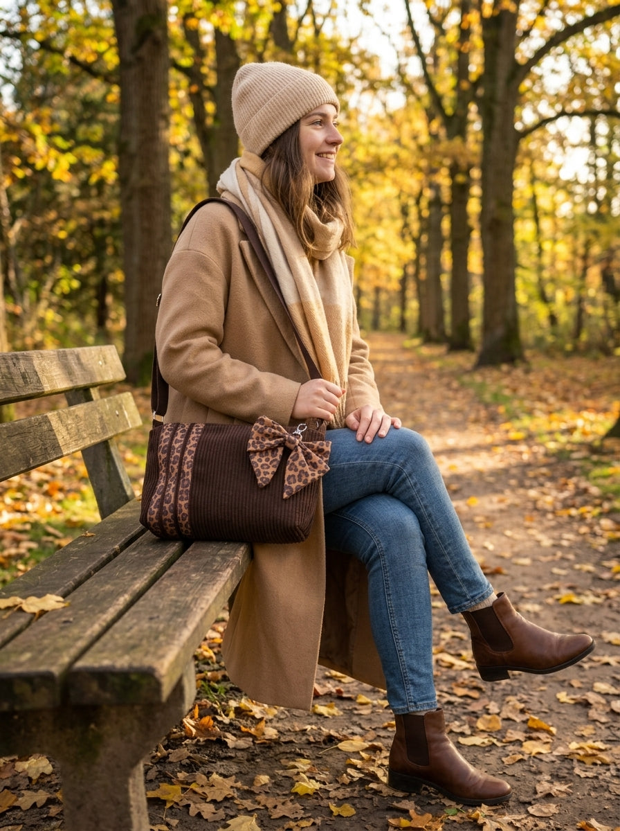 Sac bandoulière « Velouté » Collection Féline Dorée en velours marron & léopard | Fait main