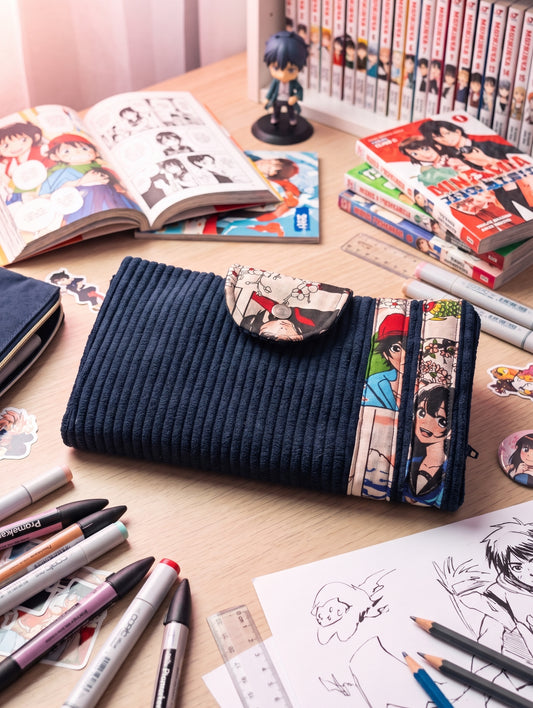 Portefeuille compagnon « Manga Héros » en velours bleu marine & tissu manga | Fait main