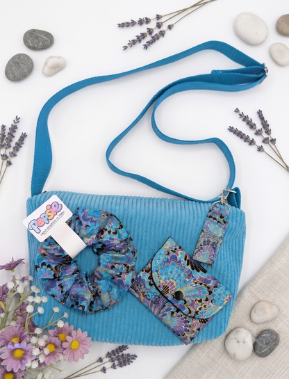 Sac à Main Bandoulière Velours Côtelé Bleu - Le Velouté Paon Féerique