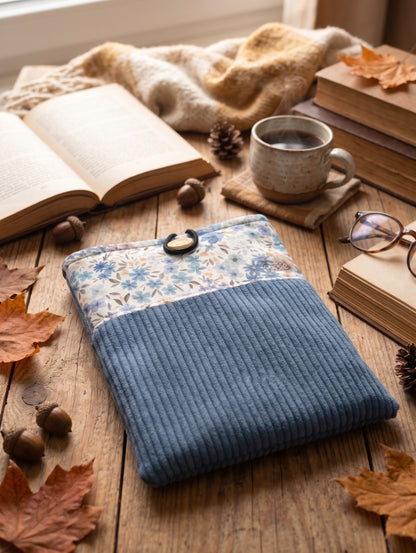 Pochette de protection grand format pour livre broché bleu fleuri — Collection Iris