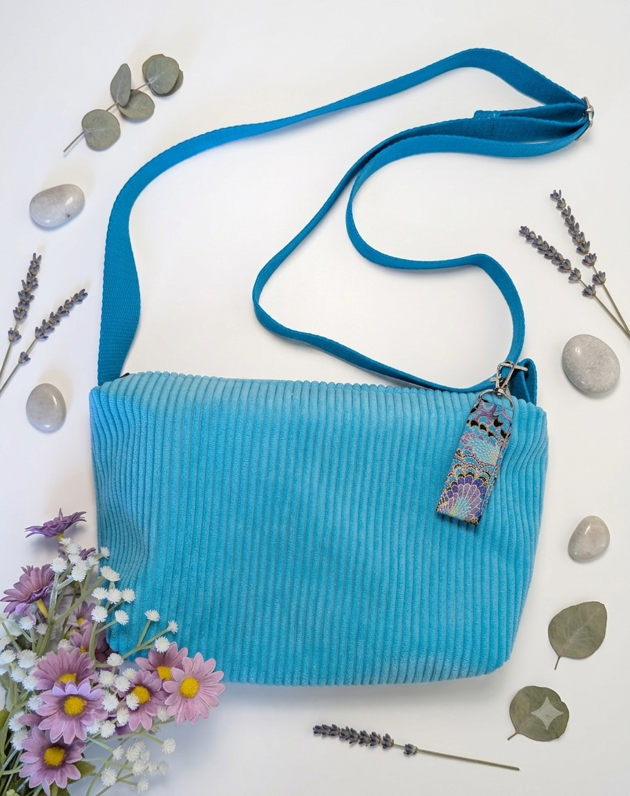 Sac à Main Bandoulière Velours Côtelé Bleu - Le Velouté Paon Féerique