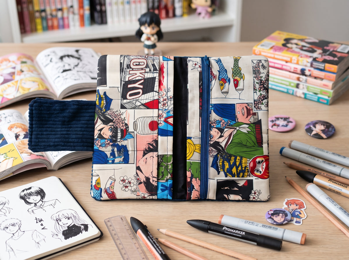Portefeuille compagnon « Manga Héros » en velours bleu marine & tissu manga | Fait main