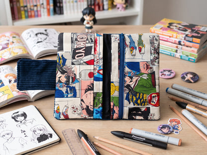 Portefeuille compagnon « Manga Héros » en velours bleu marine & tissu manga | Fait main