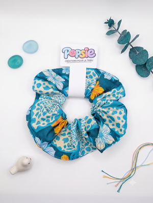 Chouchou Cheveux Motif Tropical Bleu & Fleur - Lagon