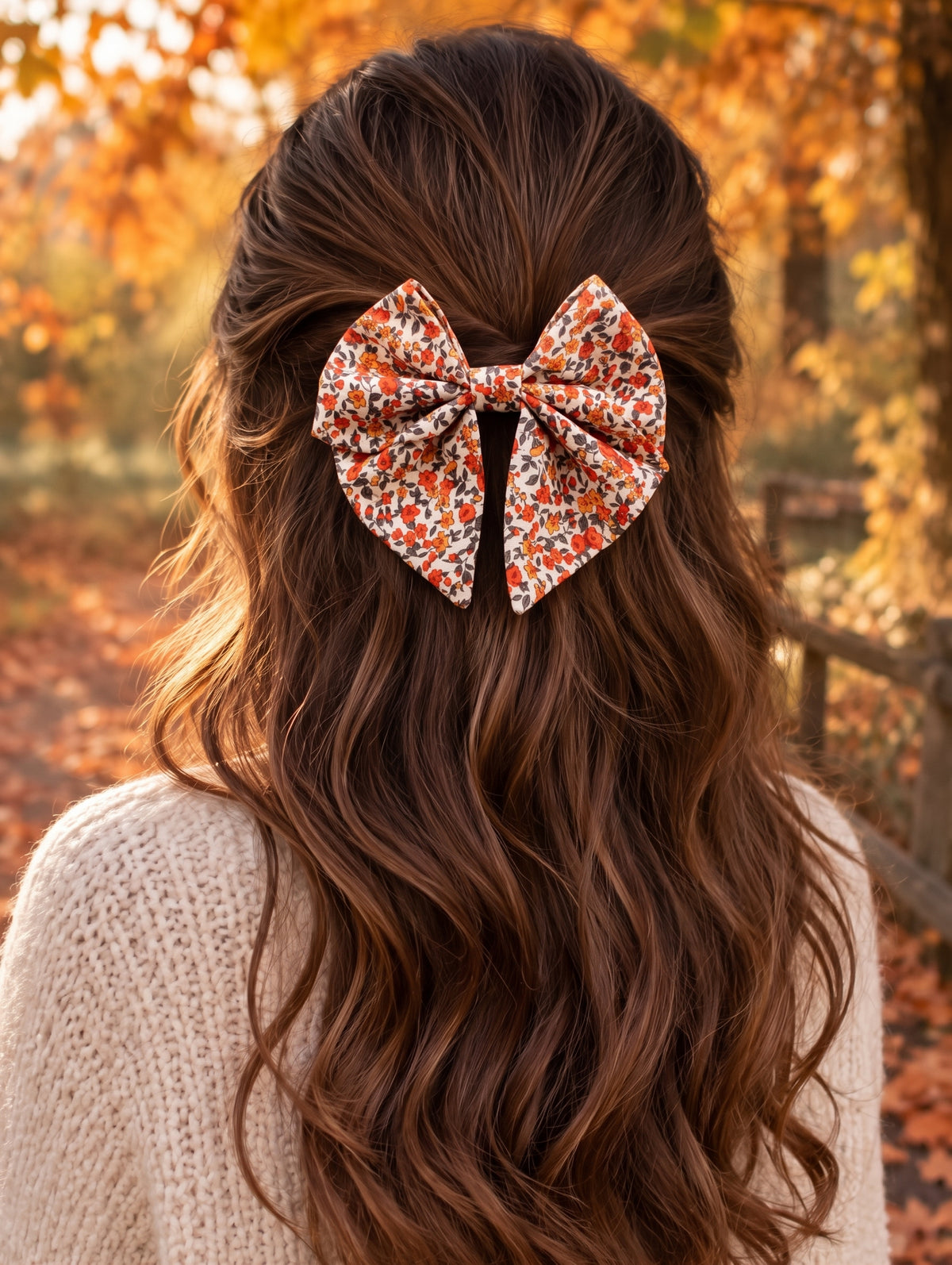 Barrette Nœud Cheveux Motif Floral d'Automne — Collection Brume d'Automne