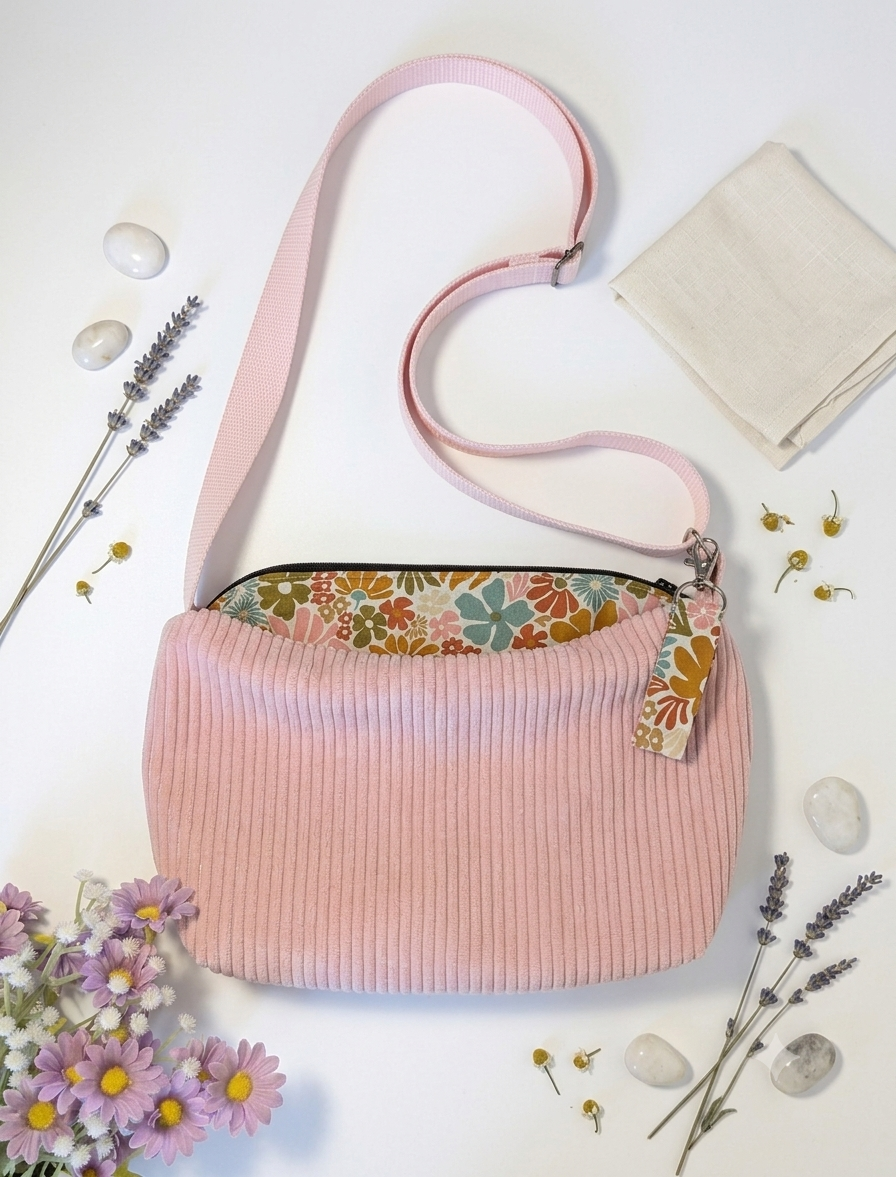 Sac à Main Bandoulière Velours Côtelé Rose Poudré - Le Velouté Rétro Fleuri