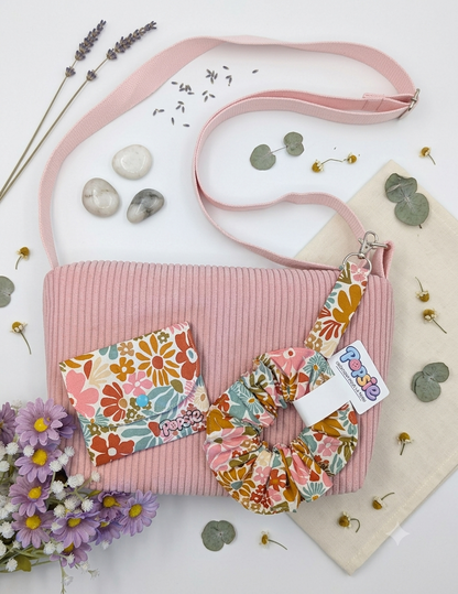Sac à Main Bandoulière Velours Côtelé Rose Poudré - Le Velouté Rétro Fleuri