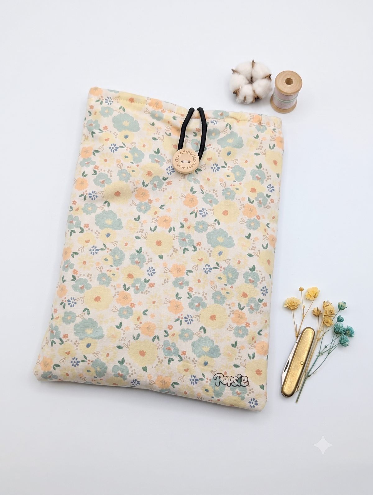 Pochette à Livre de poche "Melania" Jaune – Housse de Protection Livre en Tissu Floral Artisanale