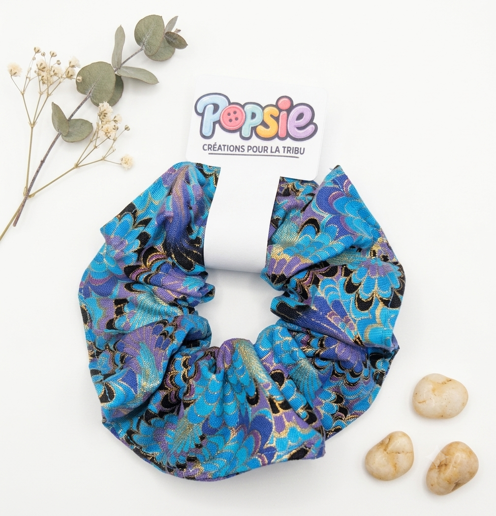 Chouchou Cheveux Motif Plume de Paon & Doré - Paon Féerique