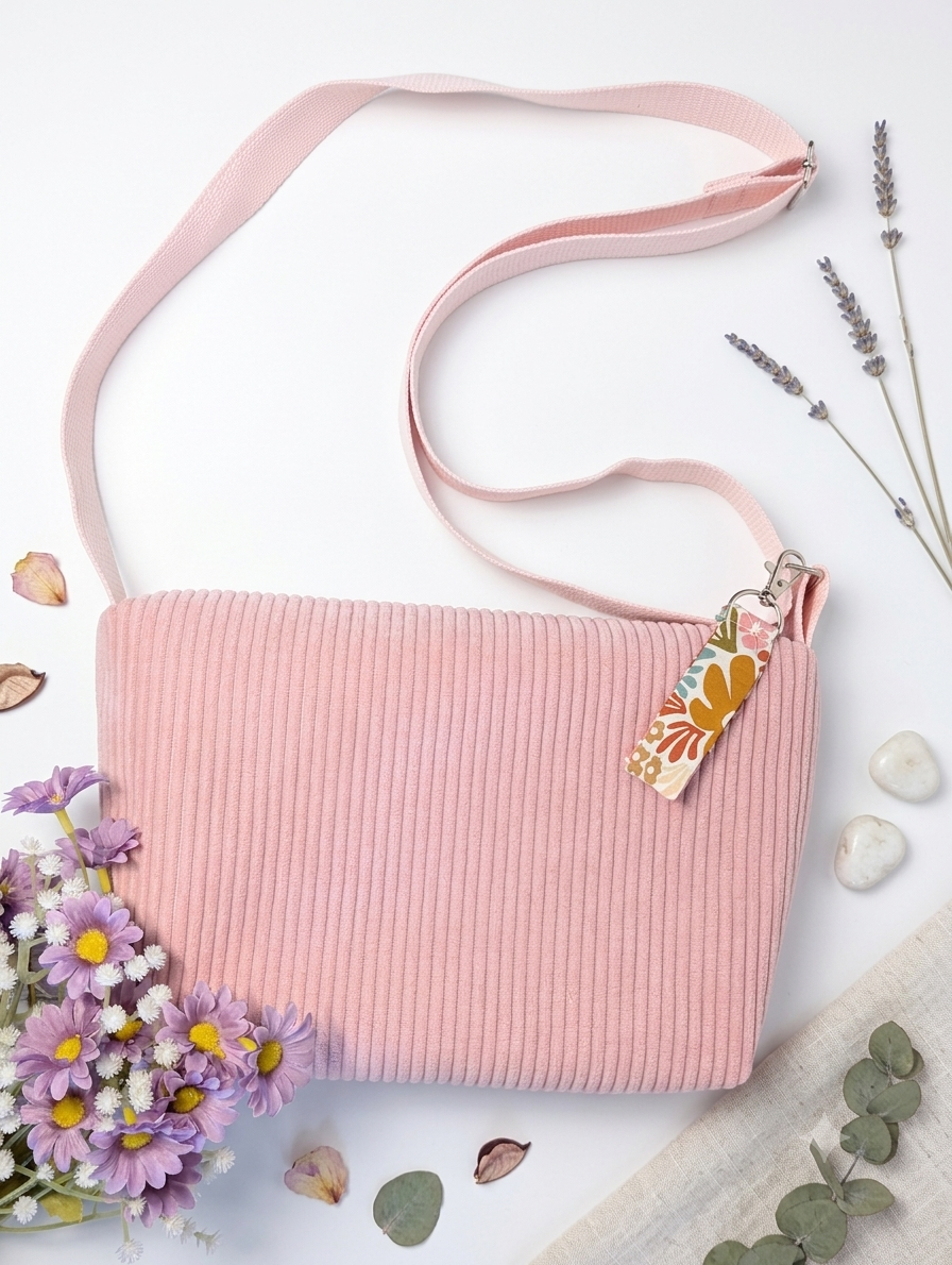 Sac à Main Bandoulière Velours Côtelé Rose Poudré - Le Velouté Rétro Fleuri