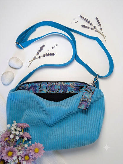 Sac à Main Bandoulière Velours Côtelé Bleu - Le Velouté Paon Féerique